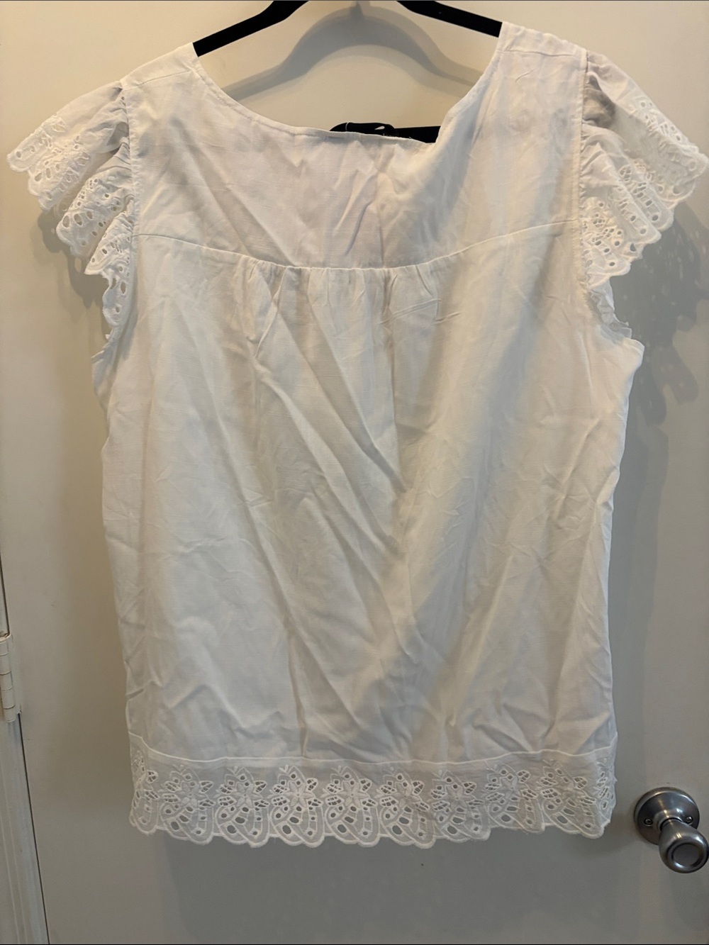 BloomChic White Eyelet Sleeve Button-Front Blouse with Black Embroidery - Picture 6 of 7